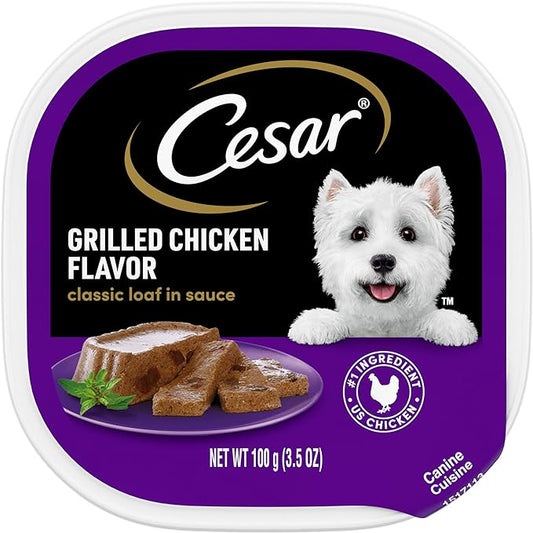 CESAR Adult Wet Dog Food Classic Loaf in Sauce Grilled Chicken Flavor, 3.5 oz. Easy Peel Trays, Pack of 24