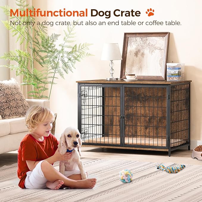 Dog Crate Furniture with Cushion, Wooden Dog Kennel with Double Doors, Heavy Duty Dog Cage for Small/Medium/Large Dogs, Indoor Dog House End Table, 39.4" L, Rustic Brown DCHR10701