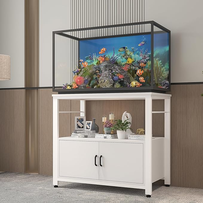 Fish Tank Stand Metal Aquarium Stand with Cabinet Accessories Storage 40-50 Gallon, Double Layer Metal with Storage Weight Capacity 760lbs, White