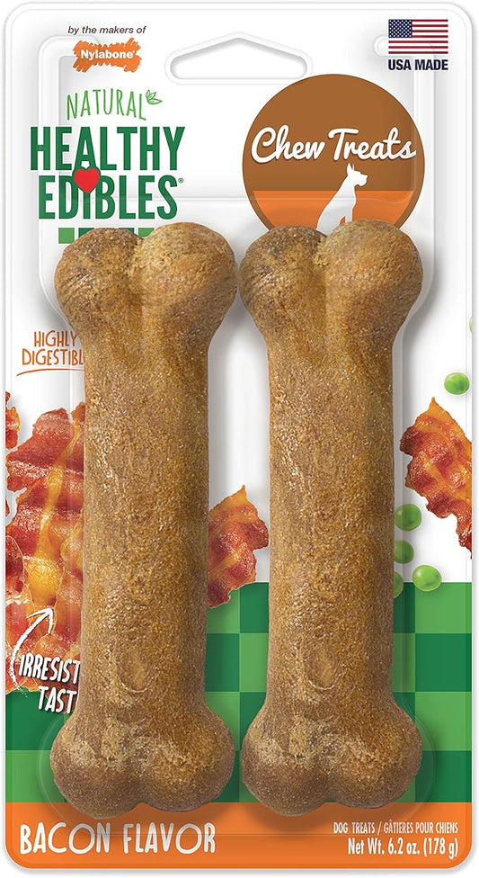 Nylabone Healthy Edibles Natural Dog Chews Long Lasting Bacon Flavor Treats for Dogs, Medium/Wolf (2 Count)