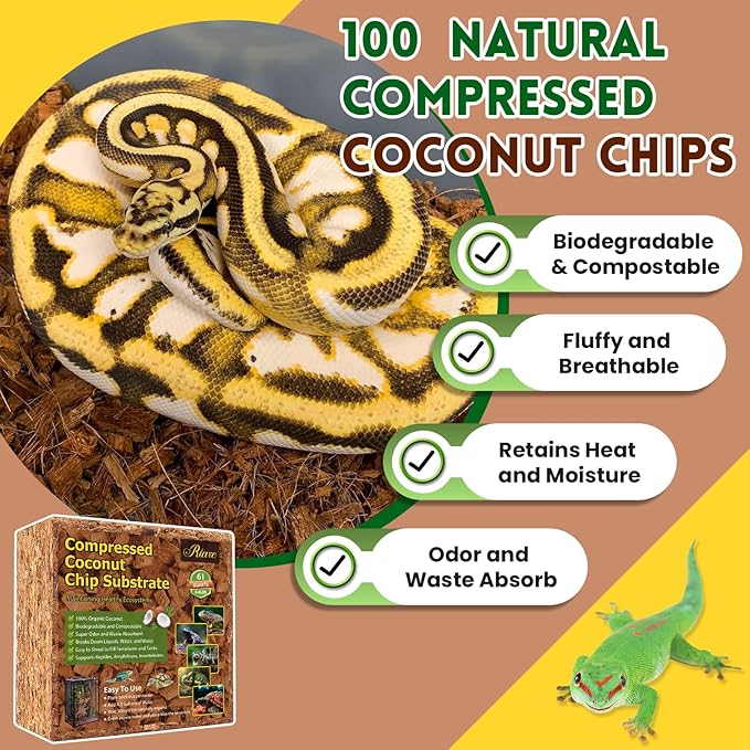Coconut Chip Substrate for Reptile 60 Quart Natural Loose Coco Husk Chip Reptile Substrate Bedding for Snakes, Lizards, Gekos, Toad, Tortoise, Ball Pythons, Frogs, Amphibians Terrarium Tanks