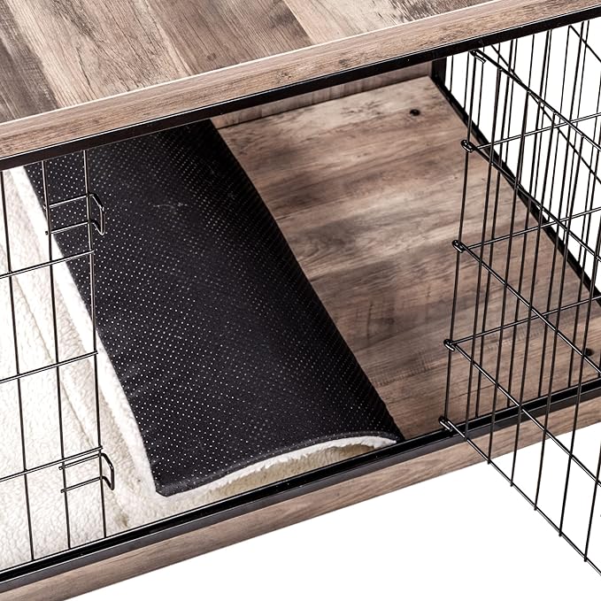 DWANTON Dog Crate Furniture with Cushion, Wooden Dog Crate with Double Doors, Dog Furniture, Indoor Dog Kennel，End Table, Medium, 32.5" L, Greige