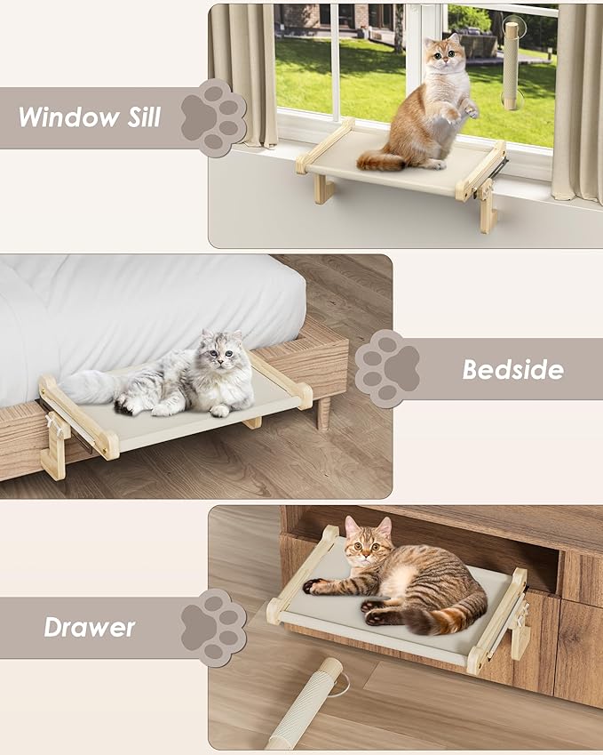 Cat Window Perch with Scratching Post, Sturdy Cat Window Hammock Bed Seat with Solid Wood & Metal Frame, Cat Perch for Windowsill, Bedside, Drawer and Cabinet, 2 Replace Mats