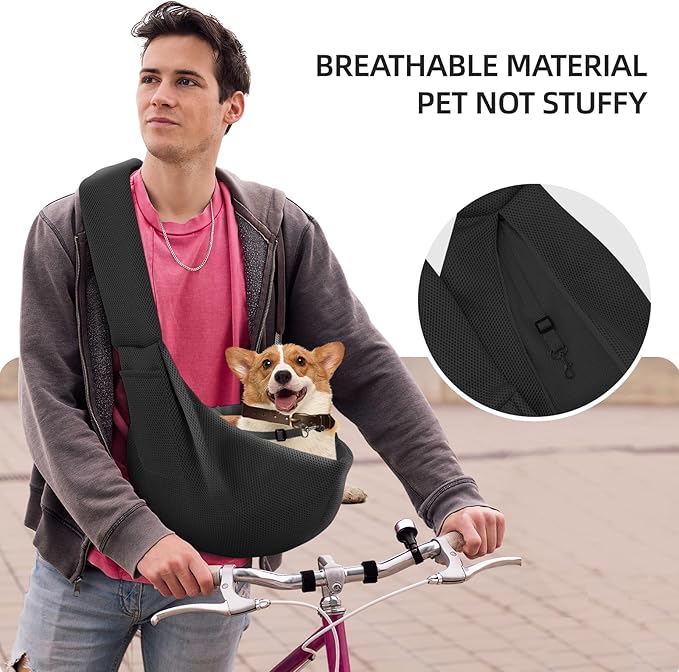 Dog Carrier Sling - Ultra Breathable Reversible Puppy Carrier Purse with Storage Pocket, Travel Safety Harness, Hand-Free Dog Sling Carrier for Carry Small Dogs and Cats, Dog and cat Harness (Black)