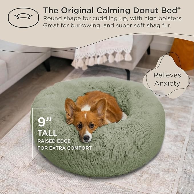 Best Friends by Sheri The Original Calming Donut Cat and Dog Bed in Shag Fur Sage, Medium 30"