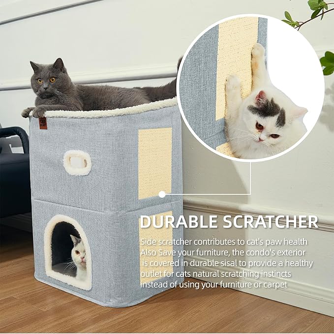 CATBOAT 2-Storey Cat House for Indoor Cats Bed, Covered Cat Beds & Furniture with Scratch Pad and Hideaway Cave, Cute Modern Cat Condo for Multi Small Pet Large Kitten Kitty, Light Grey