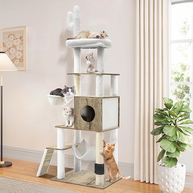 YITAHOME Modern Cat Tree for Indoor Cats with Self-Grooming Brush, 69" Tall Wooden Cat Tower with Condo, Hammock, Scratching Post, Board, Removable Pads for Kittens Big Cats，Greige