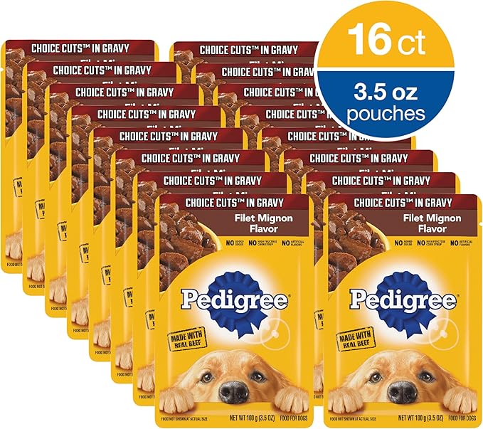 PEDIGREE CHOICE CUTS IN GRAVY Filet Mignon Flavor Adult Soft Wet Dog Food, 3.5 oz Pouches (Pack of 16)