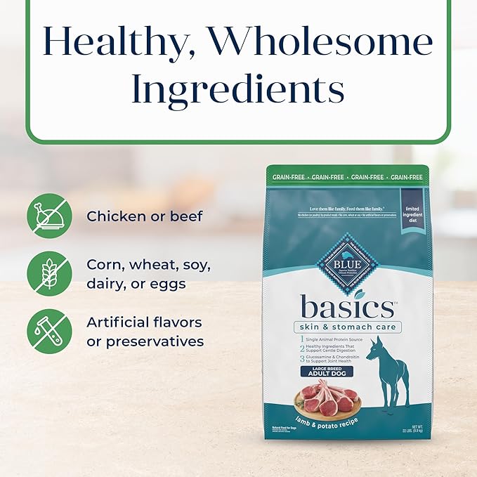 Blue Buffalo Basics Adult Large Breed Grain-Free Dry Dog Food for Skin & Stomach Care, Limited Ingredient Diet, Made in the USA with Natural Ingredients, Lamb & Potato Recipe, 22-lb. Bag