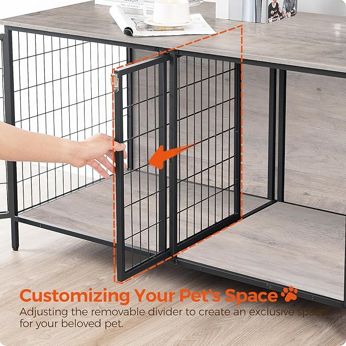 Dog Crate Furniture for 2 Dogs, 43.3" Dog Kennel with Removable Divider, Heavy Duty Wooden Dog Kennel for Small Medium Dog, Indoor Dog Cage End Table with Double Rooms, Greige DCHG1201