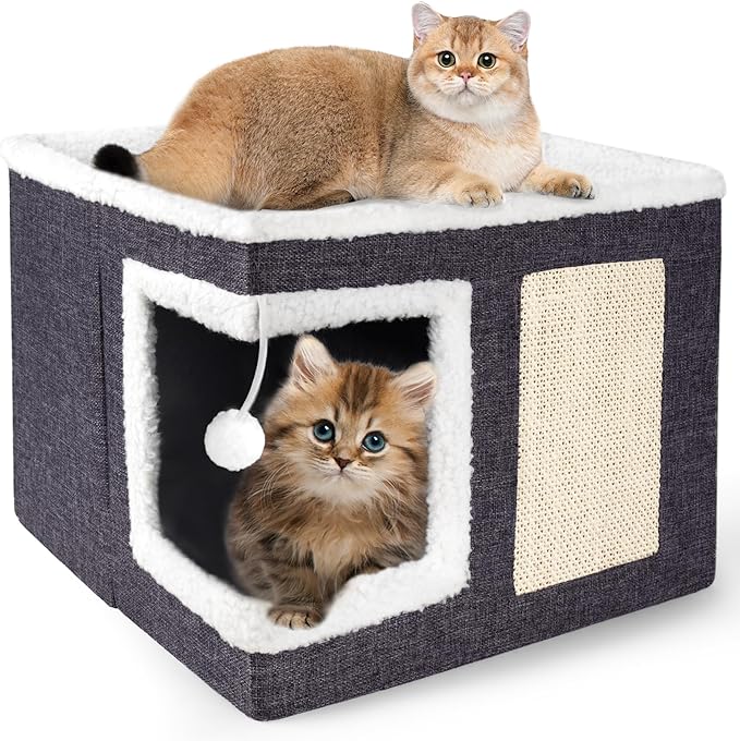 Cat Houses for Indoor Cats - Large Cat Bed Cave for Cat House with Scratch Pad and Fluffy Ball, Foldable Cat Hideaway with Reversible Cushion Cat Condo for Multi Small Pet, Dark Grey