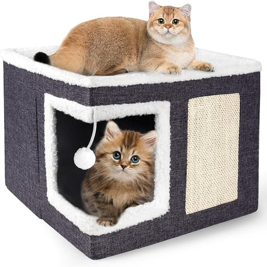 Cat Houses for Indoor Cats - Large Cat Bed Cave for Cat House with Scratch Pad and Fluffy Ball, Foldable Cat Hideaway with Reversible Cushion Cat Condo for Multi Small Pet, Dark Grey