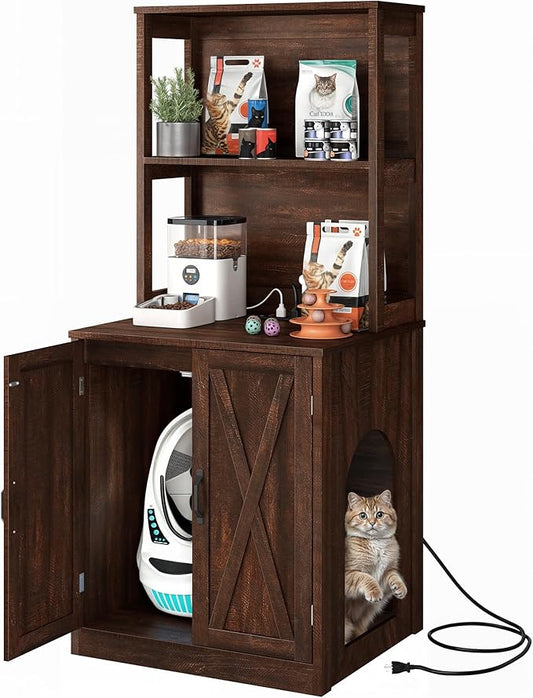 DWVO Large Hidden Litter Box Furniture with Shelves and Charging Station, Wooden Cat Litter Box Enclosure for Self-Cleaning Litter Boxes, Brown Oak