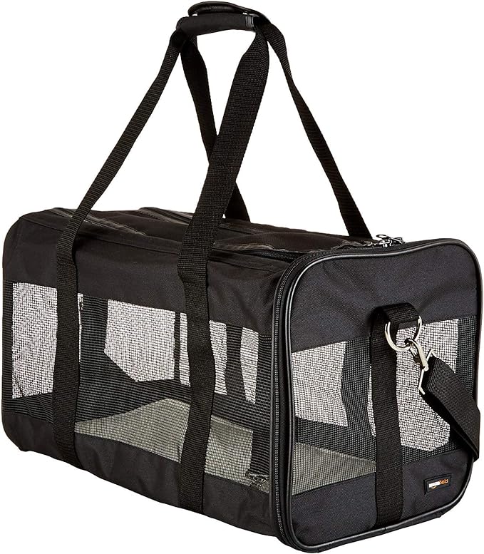 Amazon Basics Soft-Sided Mesh Pet Travel Carrier for Cat, Dog, Large, Black, 19.7 x 10.2 x 11.2 inches (LxWxH)