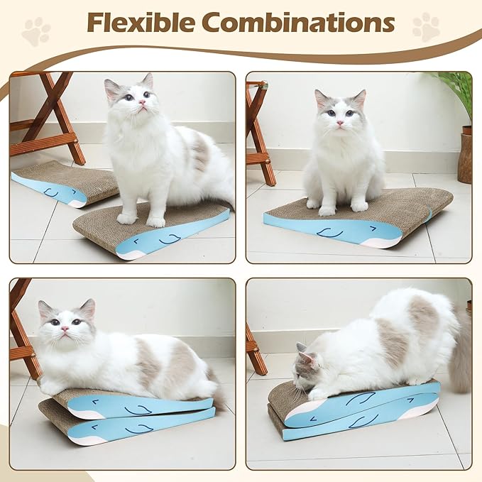 ComSaf Cat Scratching Board 2 Pack, Cat Scratcher Cardboard, Curved Cat Scratcher, Cute Cat Scratch Pad for Kitty, Recycle Cardboard Cat Scratcher, Double-Sided Pad for Long Lasting Use (Blue Whale)