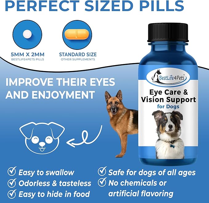 Eye Care and Vision Support Dog Supplement - Natural Eye Infection Treatment Relieves Conjunctivitis, Swelling, Discharge, and More - Stop The Dog Eye Drops Struggle with Easy to Use Pills