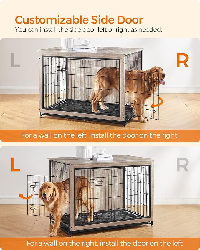 Feandrea Dog Crate Furniture, Side End Table, Modern Kennel for Dogs Indoor up to 80 lb, Heavy-Duty Dog Cage with Multi-Purpose Removable Tray, Double-Door Dog House, Greige UPFC004G01