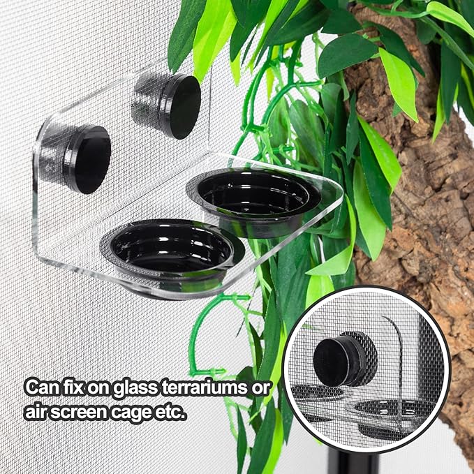 WACOOL Magnetic Reptile Ledge, Acrylic Gecko Feeding Ledge with 6PCS Cups, Reptile Food Water Feeder Dish for Geckos Iguana Chameleon Pets (Black)