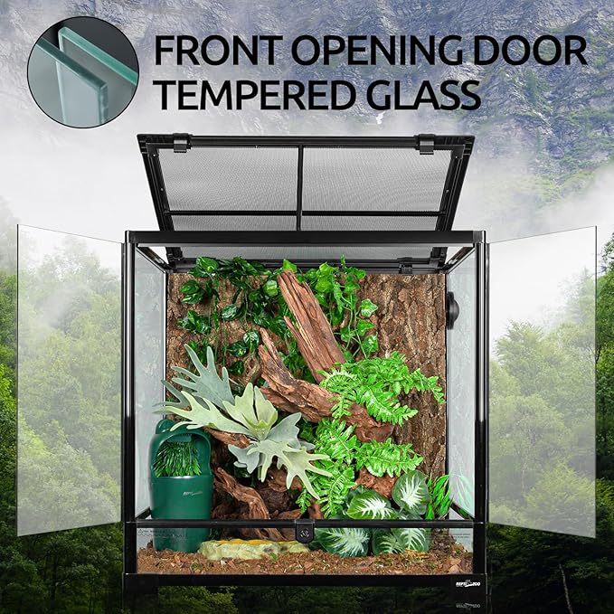 REPTIZOO 60 Gallon Glass Reptile Tank, 24" x 24" x 24" Large Reptile Terrarium Front Opening Terrarium with Double Hinge Door and Top Screen Ventilation, Easy Assembly Reptile Enclosure Tank