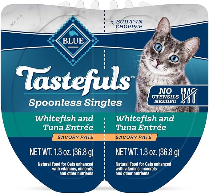 Blue Buffalo Tastefuls Spoonless Singles Adult Pate Wet Cat Food, Whitefish and Tuna Entrée, Perfectly Portioned Cups in (24) 2.6-oz Twin-Pack Trays