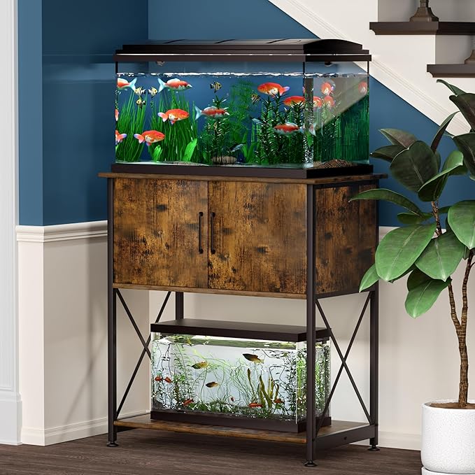 20-29 Gallon Aquarium Stand Metal Frame Fish Tank Stand with Cabinet Storage, for 20 Gallon Long Aquarium,30.7" L*16.5" W Tabletop,330LBS Capacity Rustic Brown and Black PG01YGN