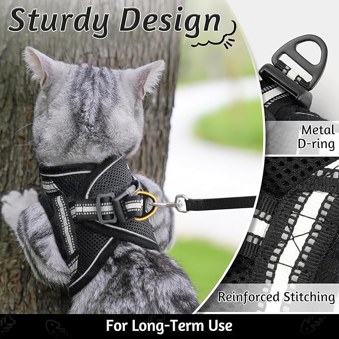 rabbitgoo Cat Harness and Leash Set for Walking Escape Proof, Adjustable Soft Kittens Vest with Reflective Strip for Cats, Comfortable Outdoor Vest, Black, L