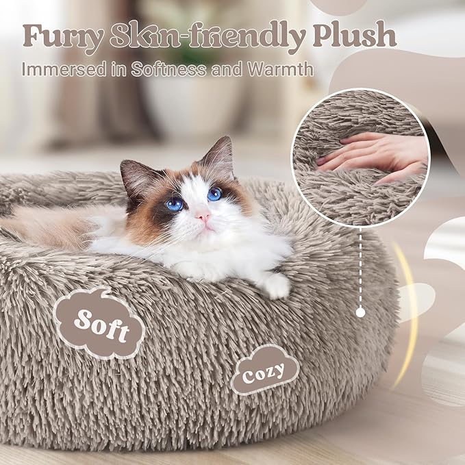 rabbitgoo Cat Beds for Indoor Cats, 20 inches Cat Bed Machine Washable, Fluffy Round Pet Bed Non-Slip, Calming Soft Plush Donut Cuddler Cushion Self Warming for Small Dogs Kittens, Khaki, Medium