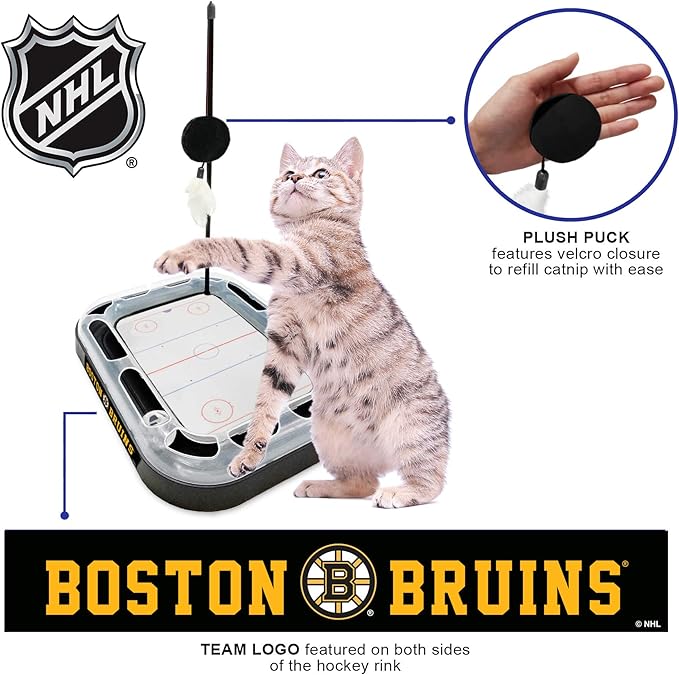 Pets First Cat Scratching Toy NHL Boston Bruins Hockey Field Cat Scratcher Tiy with Interactive Cat Ball Bell in Tracks. 5-in-1 CAT Toy