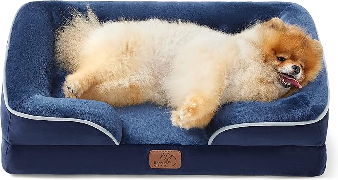 Bedsure Small Orthopedic Dog Bed - Washable Bolster Dog Sofa Beds for Small Dogs, Supportive Foam Pet Couch Bed with Removable Washable Cover, Waterproof Lining and Nonskid Bottom Couch, Navy Blue