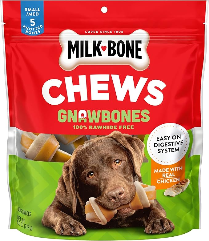 Milk-Bone Rawhide Free Gnawbones Dog Treats Bundle: Chicken + Peanut Butter & Chicken 5 Count Small/Medium Knotted Bones (Pack of 2)