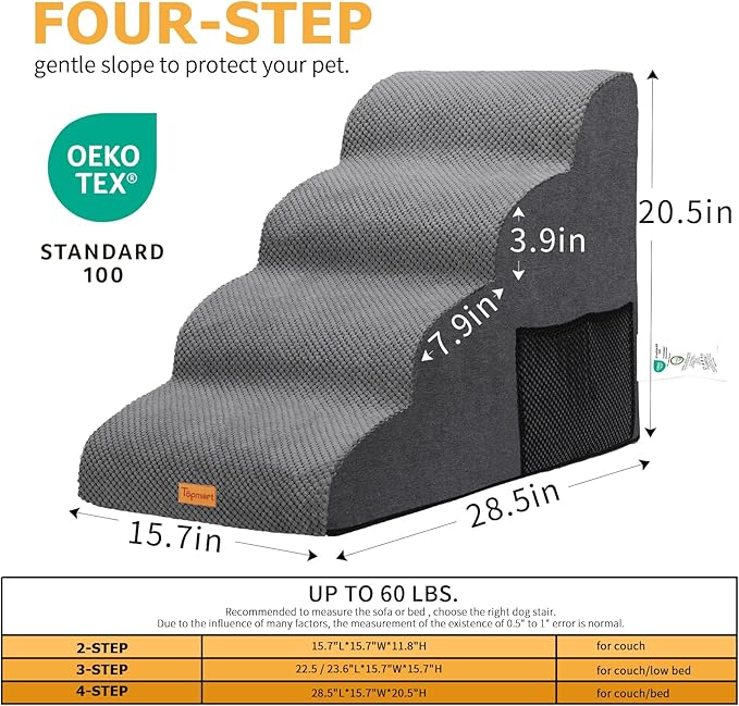 Topmart High Density Foam Dog Steps 4 Tiers,Extra Wide Deep Pet Steps,Non-Slip Pet Stairs,Dog Ramp for Bed,Soft Foam Dog Ladder,Best for Older Dogs Injured,Older Pets,Cats with Joint Pain