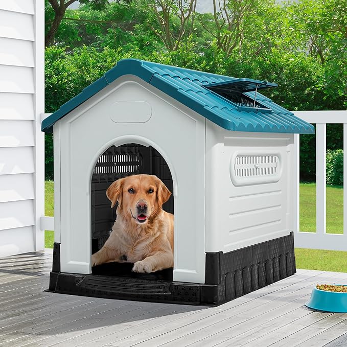 YITAHOME 41.3'' Folding Large Dog House Outdoor Plastic Doghouse with Adjustable Skylight and Elevated Base Water Resistant Pet House for Small, Medium, and Large Dogs (41.3''L*34.6''W*39''H)