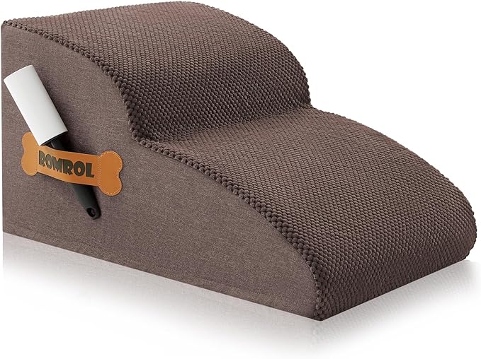 High Density Foam Dog Stairs Ramp for Beds Couches, Romrol Pet Steps with Durable Non-Slip Waterproof Fabric Cover, Dog Slope Stairs Friendly to Small Dogs and Cats or Pets Joints, 2-Tiers