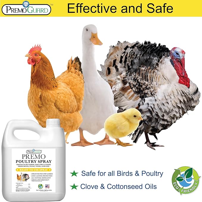 Poultry Spray by Premo Guard – Treat Mites, Fleas, Flies, and Lice – Fast Acting & Effective – Chicken, Turkey, Waterfowl, and Birds – Best Natural Protection for Control & Prevention – 128 oz