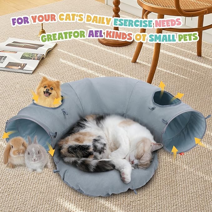 OUHOU Cat Tunnel Bed, Indoor Cat Tunnels with Hanging Balls, Peepholes, and Washable Mat, Green