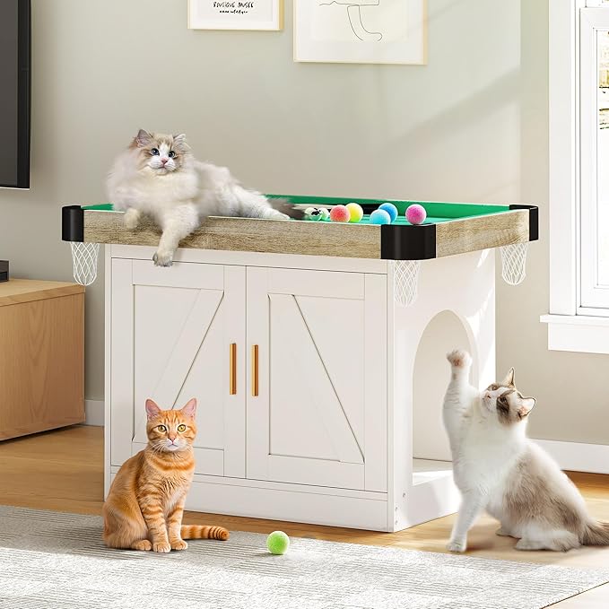 DWVO 2-in-1 Litter Box Enclosure Hidden with Cat Pool Table, Cat Litter Box Enclosure Furniture for Indoor, Wooden Cat Cabinet with Mini Pool Table Tower, 1 Feather Teaser Sticks & 6 Felt Balls, White