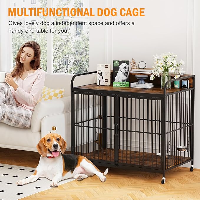 Large Dog Crate Furniture, Wooden Dog Crate End Table with Adjustable Height & 360° Rotating Feeder, Heavy Duty Dog Crate with Movable Wheels, Dog Kennel Indoor(48''L x 29.92''W x 44.29''H)
