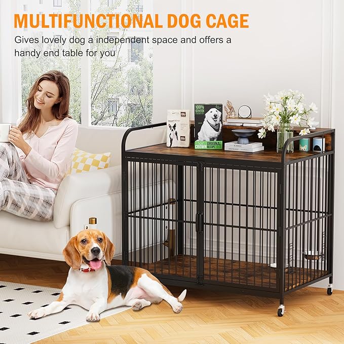 40’’ Dog Crate Furniture, Wooden Dog Crate End Table with Adjustable Height & 360° Rotating Feeder for Medium Dogs, Heavy Duty Dog Kennel Indoor with Movable Wheels(39.76''L x 22.5''W x 38.58''H)