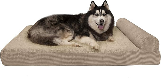 Furhaven Cooling Gel Dog Bed for Large Dogs w/ Removable Bolster & Washable Cover, For Dogs Up to 125 lbs - Fleece & Corduroy Bolster Chaise - Sandstone, Jumbo Plus/XXL