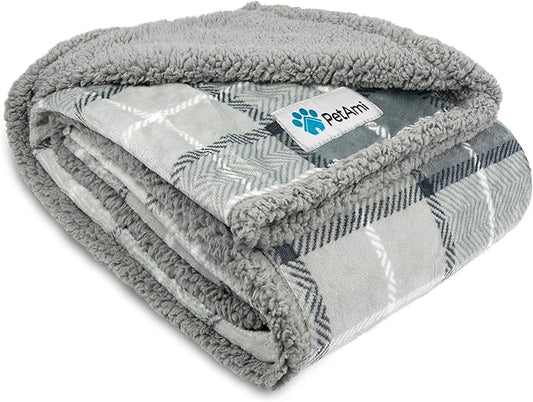 PetAmi Waterproof Dog Blanket for Small Medium Dog, Pet Puppy Blanket Couch Cover Protection, Sherpa Fleece Cat Blanket Sofa Bed Furniture Protector Reversible Soft Washable 29x40 Plaid Light Grey