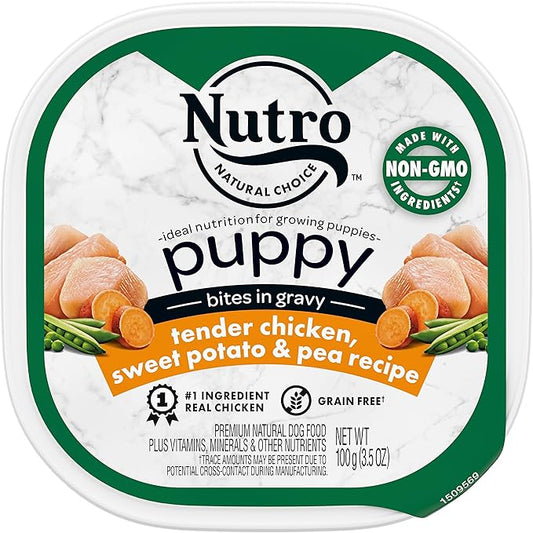 NUTRO PUPPY Grain Free Natural Wet Dog Food Bites in Gravy, Tender Chicken, Sweet Potato & Pea Recipe, 3.5 oz. Trays (Pack of 24)