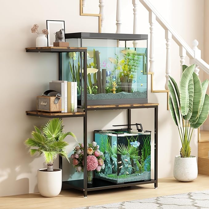 20-25 Gallon Fish Tank Stand, Metal Double Aquarium Stand with Shelf for Fish Tank Accessories Storage, 24.4" x 14" Tabletop Fits Aquarium,Turtle Tank or Reptile Terrariums