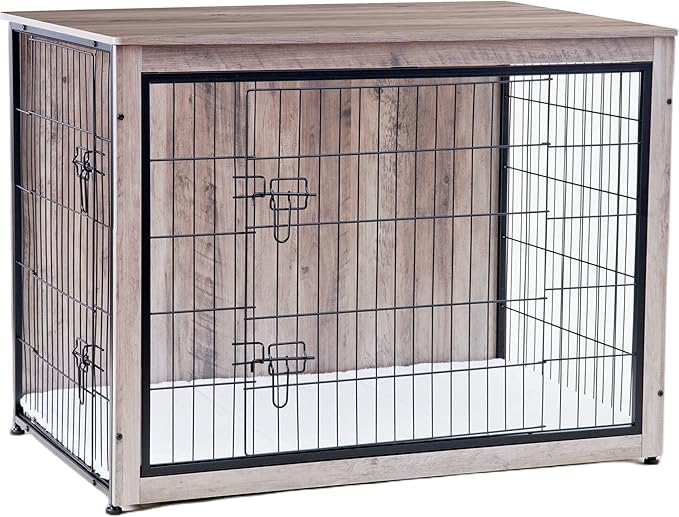 DWANTON Dog Crate Furniture with Cushion, XL Wooden Dog Crate with Double Doors, Large Dog Crate Furniture, Dog Kennel Indoor, Dog House, Extra Large, 43.3" L, Greige