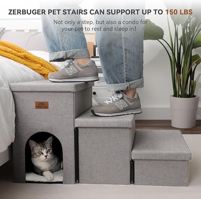 Dog Stairs, Dog Steps for High Beds 17.5"H, Folding Pet Stairs for Small Medium or Large Dogs Puppy with Storage for Bed and Couch, Dog Ramp for Car Hold Up to 200 lbs (Smok Grey, 3 Steps with Condo)