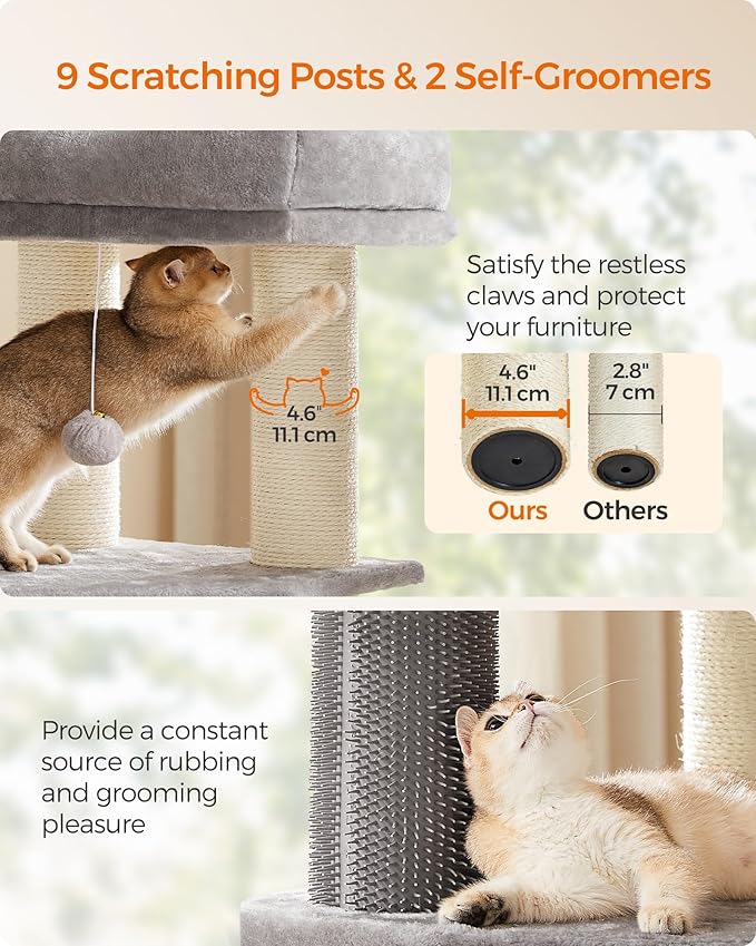 Feandrea Cat Tree for Large Cats, 63-Inch Heavy-Duty Cat Tower with Self-Warming Pads, 2 Self-Groomers, 9 Scratching Posts, Large Perch, Cave, and Baskets, Dove Gray and Cream White UPCT003N01