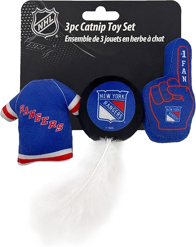 BEST PLUSH CAT TOY: NHL NEW YORK RANGERS Complete Set of 3 piece Cat Toys filled with Fresh Catnip. Incl: 1 Jersey Cat Toy, 1 Hockey Puck Cat Toy with Feathers & 1 #1 Fan Cat Toy. All with Team LOGOS