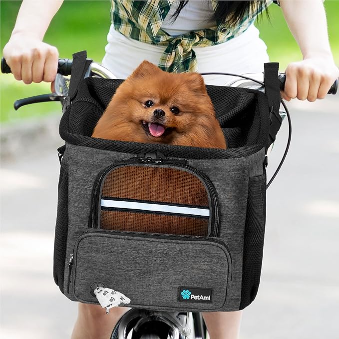PetAmi Dog Bike Basket, Soft-sided Ventilated Dog Bike Carrier Backpack, Dog Pet Bicycle Basket for Bike Handlebar, Small Medium Puppy Cat Kitten Car Booster Seat with Safety Strap (Dark Gray)