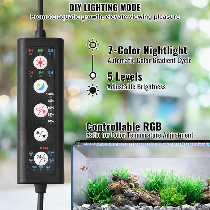 VEVOR Aquarium Light, 36W Full Spectrum Fish Tank Light with 24/7 Natural Mode, Adjustable Timer & 5-Level Brightness, with Aluminum Alloy Shell Extendable Brackets for 36"-42" Freshwater Planted Tank