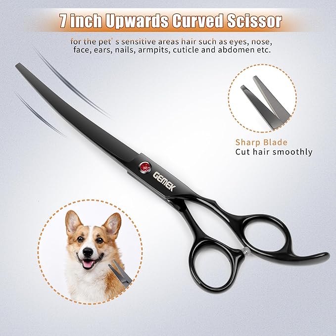 7.0in Titanium Professional Dog Grooming Scissors Set, GEMEK 6 in 1 Straight & Thinning & Upwards Curved & Downwards Curved Scissors & Comb for Dogs, Cats and Other Animals