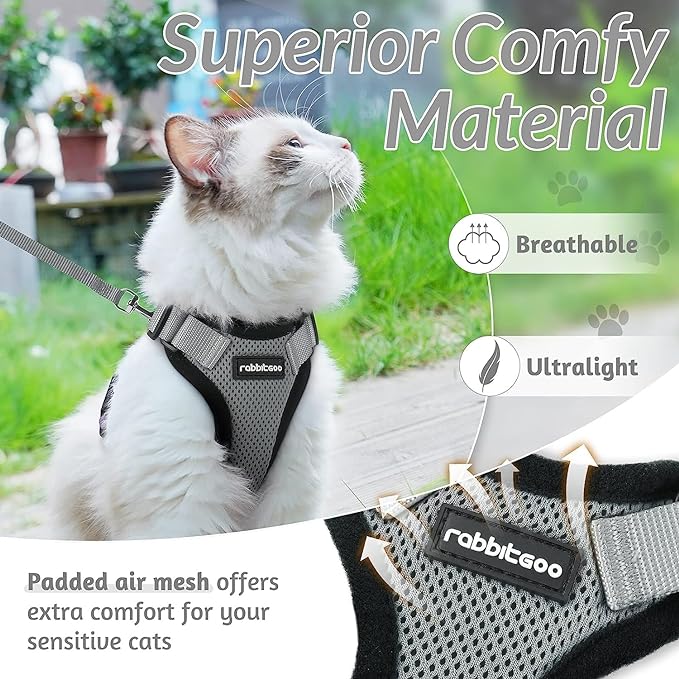 rabbitgoo Cat Harness and Leash for Walking, Escape Proof Soft Adjustable Vest Harnesses for Cats, Easy Control Breathable Reflective Strips Jacket, Grey, M